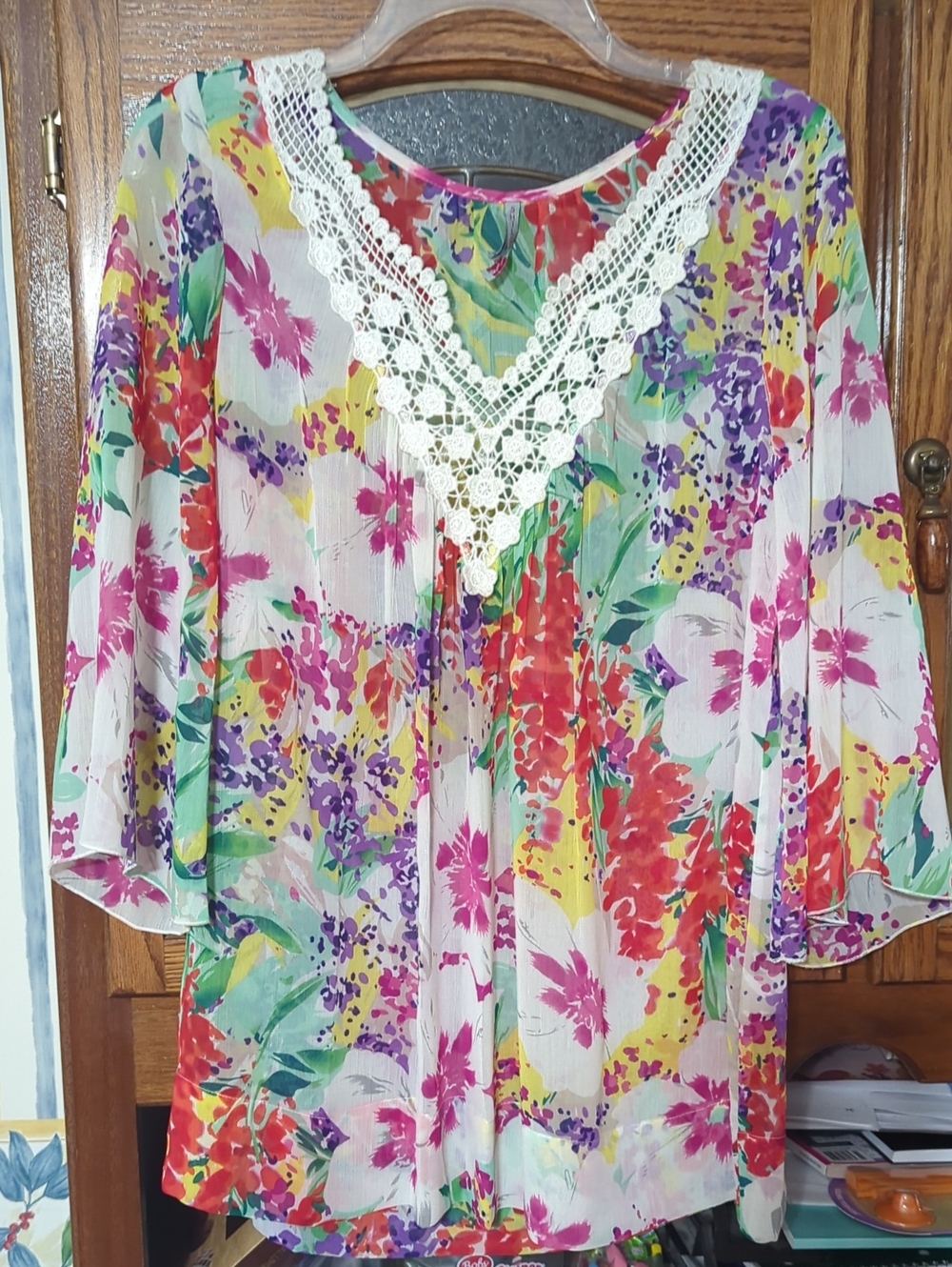 Crochet-Trim Floral Tunic Top in Multi-Color